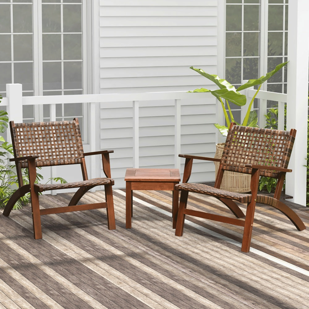 3 Pieces Outdoor Wooden & Rattan Patio Furniture Set Garden Sofa Chair Table Balcony Seating Set