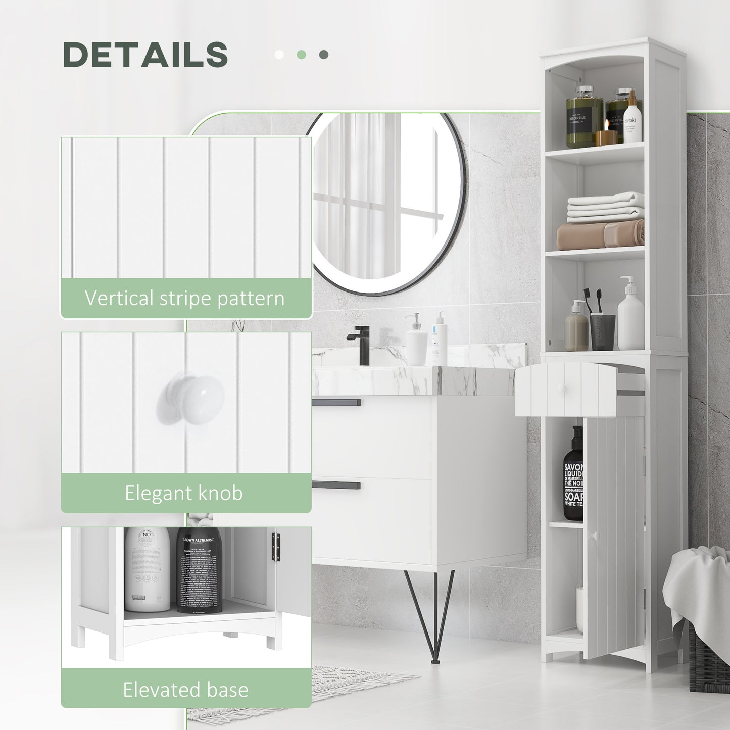Free Standing Bathroom Storage Cabinet – Tall Linen Tower with 3-Tier Shelves & Drawer (White)