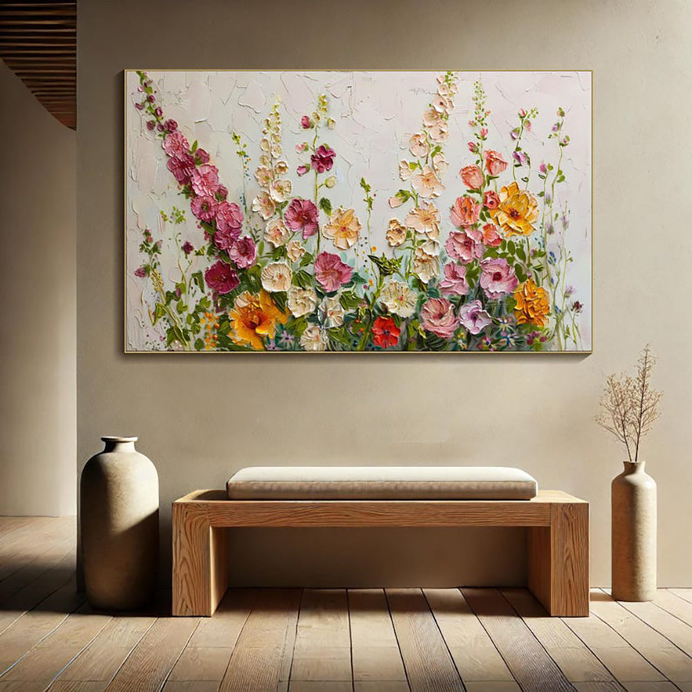 Abstract Floral Oil Painting Green Grass Flowers Field Thick Texture Handmade Canvas Wall Art Home Decor