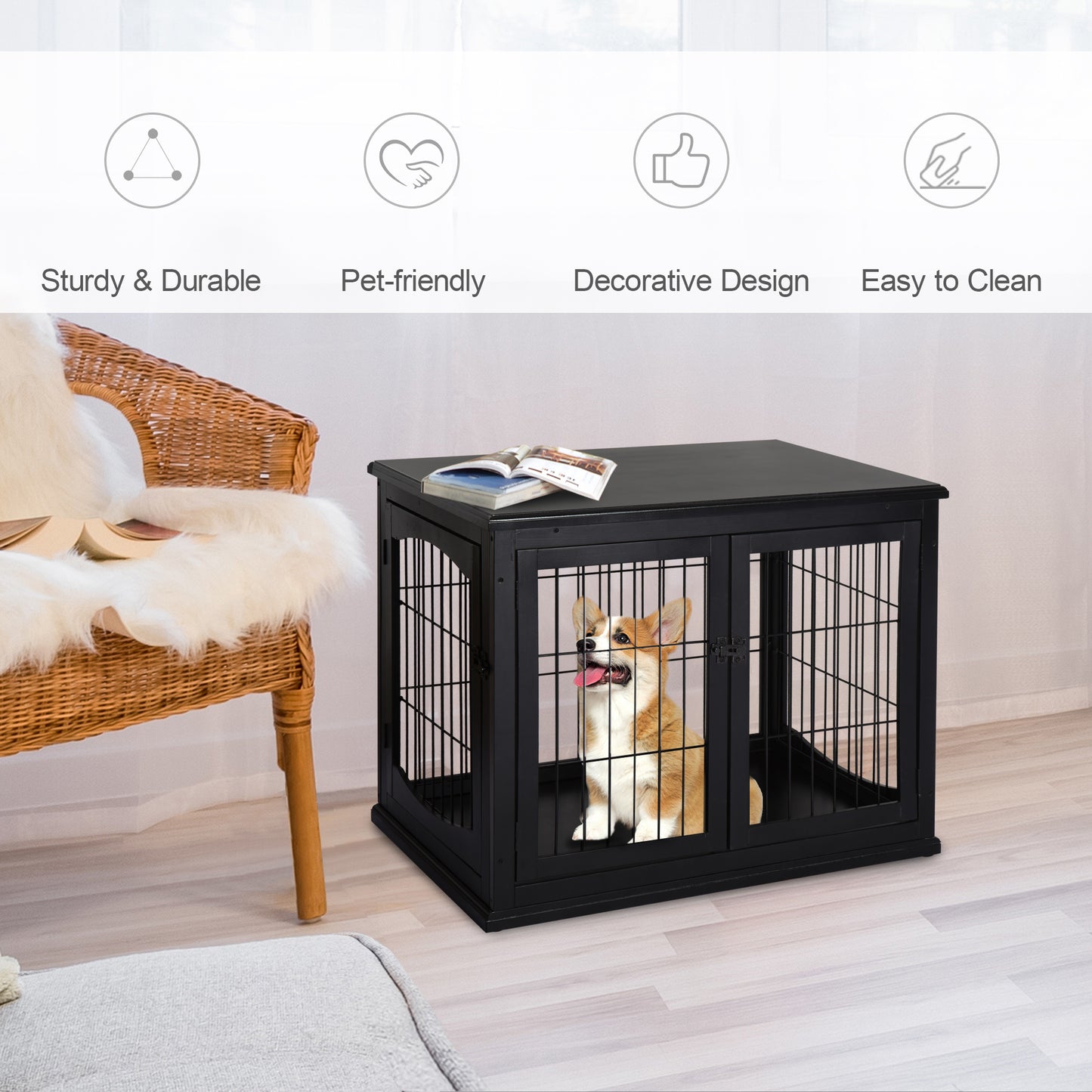 32 Inch Dog Crate Furniture Small Dog Cage End Table with 2 Doors Lockable Puppy Kennel Indoor Black