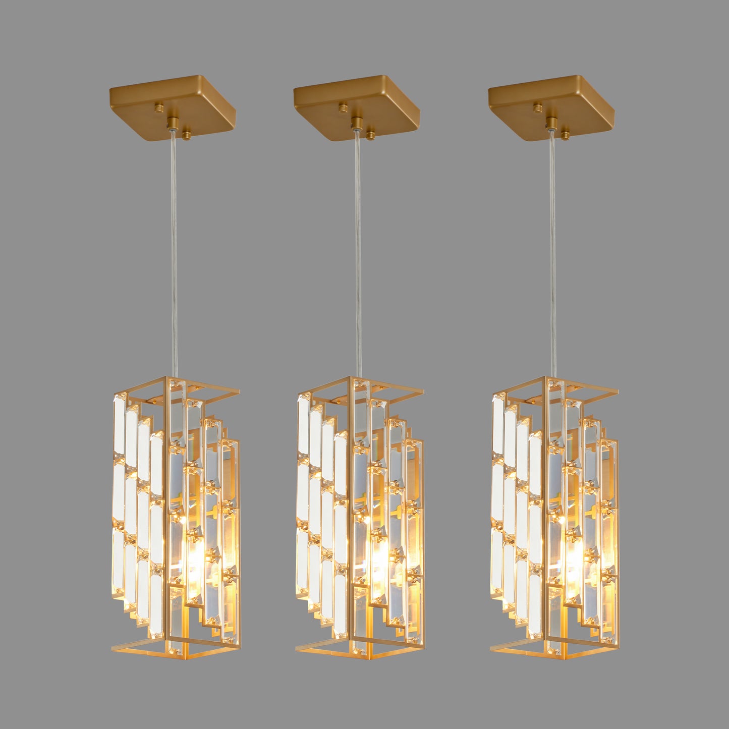 4-Inch Modern Crystal Pendant Light 3-Pack – Golden Adjustable Hanging Lamp for Dining Room & Kitchen Island