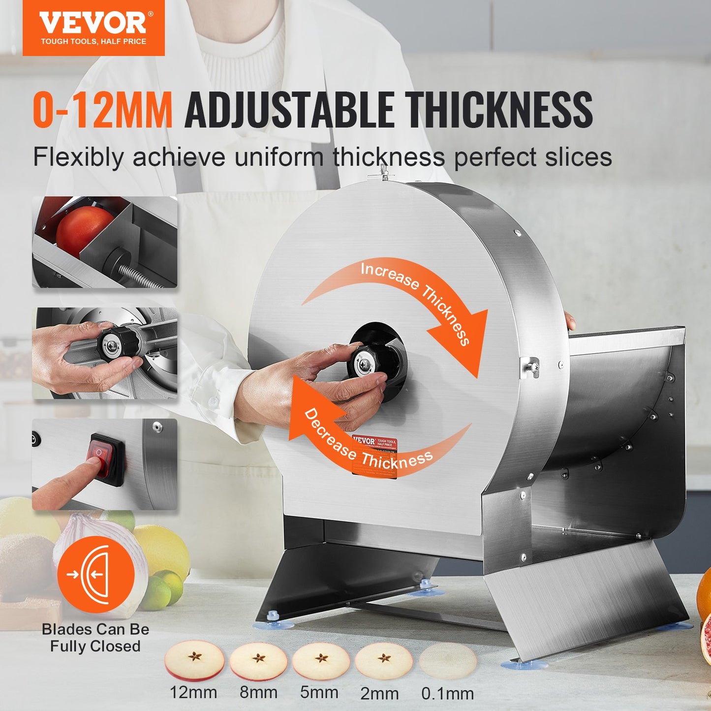 Electric Vegetable Slicer Adjustable Thickness 0 to 12mm Commercial Stainless Steel Food Cutter Machine Convertible to Manual with Large Feed Port for Potato and Tomato