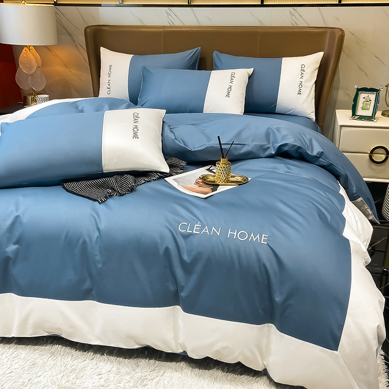 European and American Letters Embroidered Cotton Satin Four Piece Bedding Set Luxury Soft Duvet Cover Bed Sheet Set