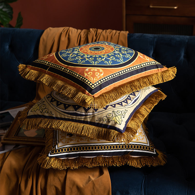 Luxury Sofa Pillow High Grade Duplex Printing Tassel Waist Cushion for Home Decor