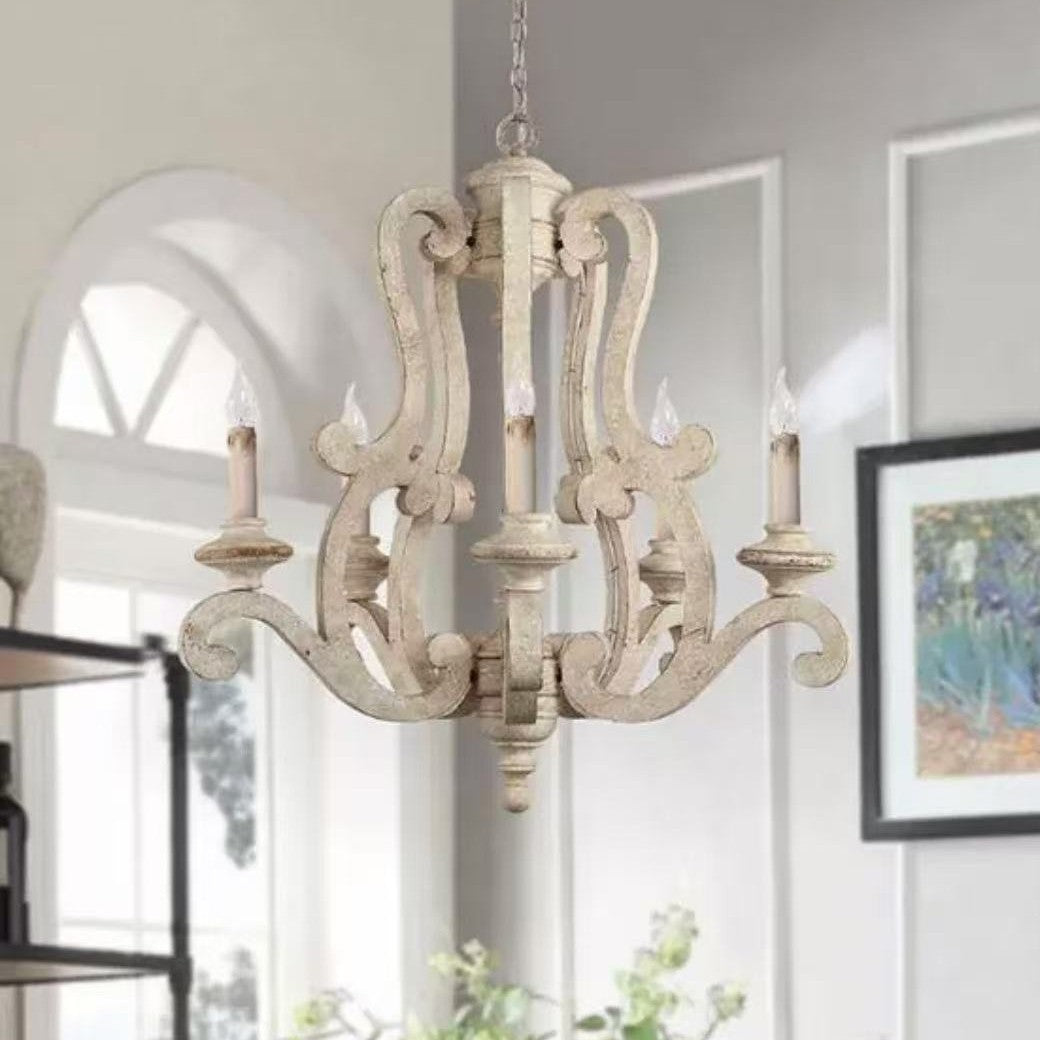 American Country Vintage Chandelier – Distressed Wooden Candle-Style Light Fixture