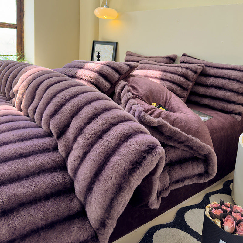 Milk Fiber Thick Rabbit Fur 4-Piece Bedding Set Autumn Winter Warm Fluffy Soft Breathable Bed Set