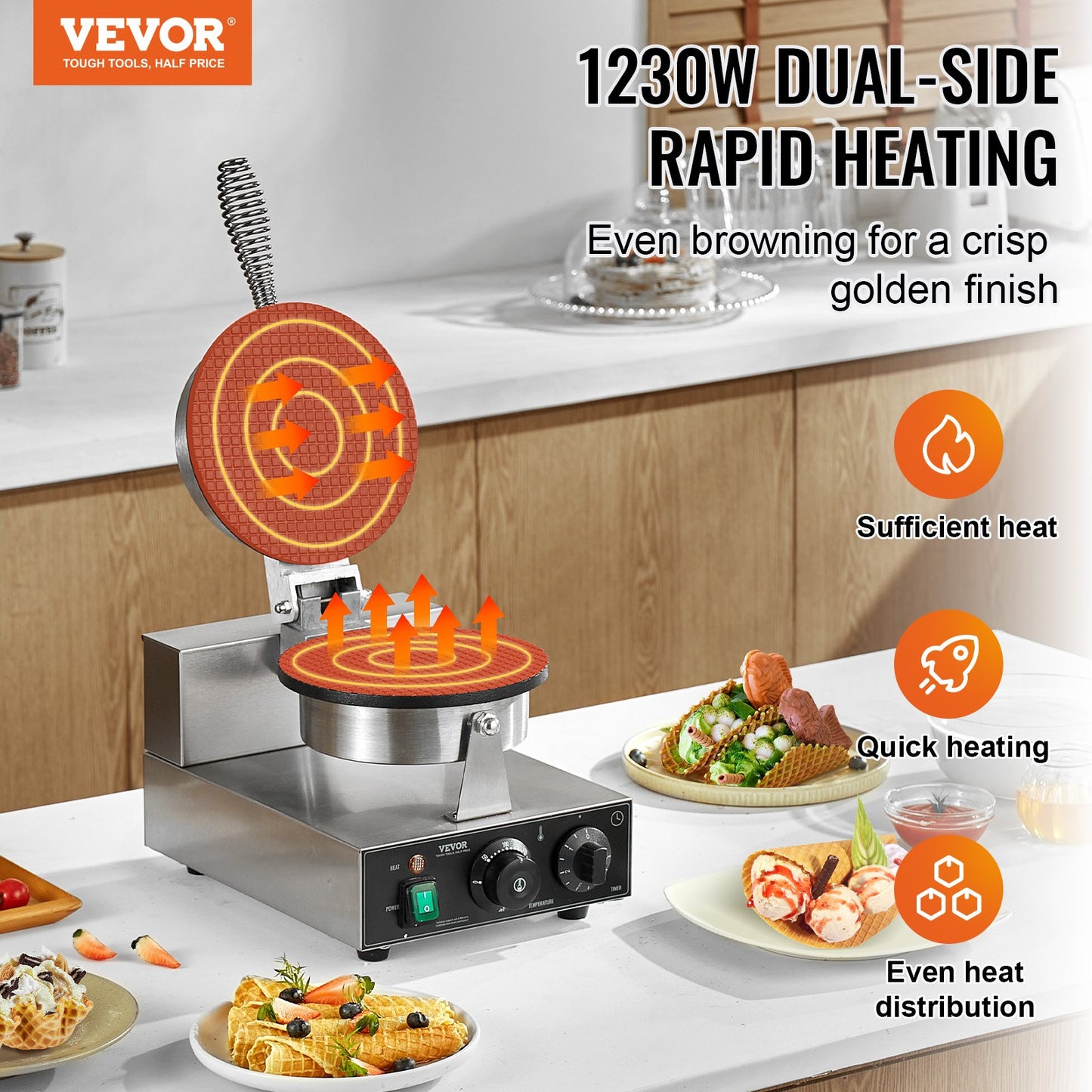 1230W Electric Ice Cream Cone Maker Commercial Waffle Cone Egg Roll Machine for Café and Restaurant Use