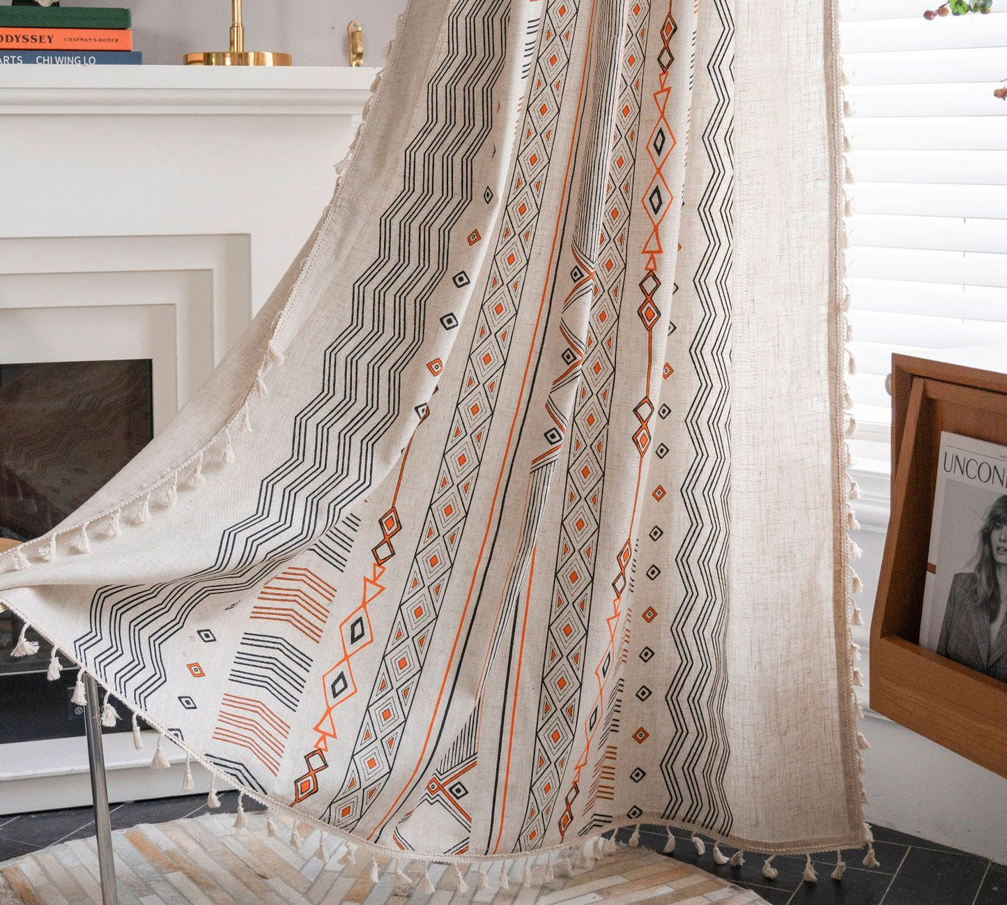 Boho Cream Cotton Linen Print Sun Shade Curtain Fabric Non Punched Window Drapes for Home Decor