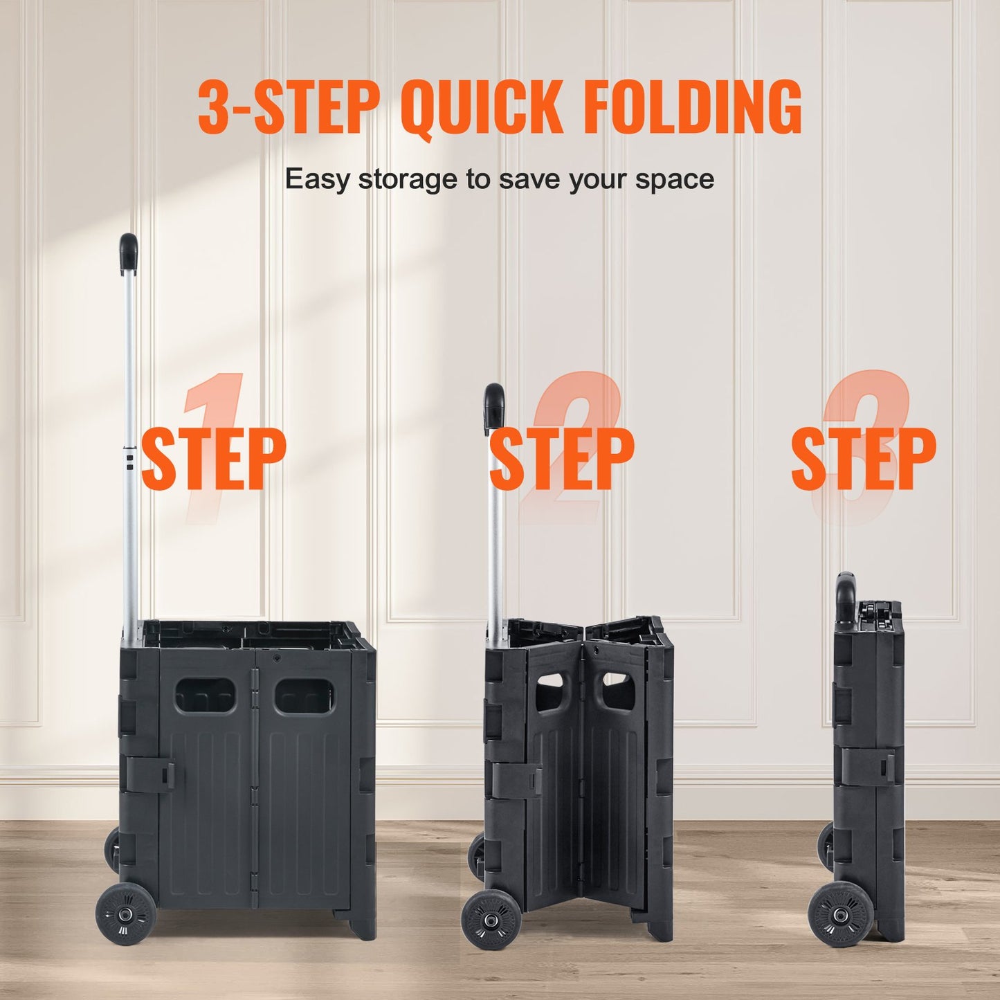 Foldable Utility Cart 80Lbs Load Portable Rolling Crate Heavy Duty Handcart with Telescoping Handle & Wheels