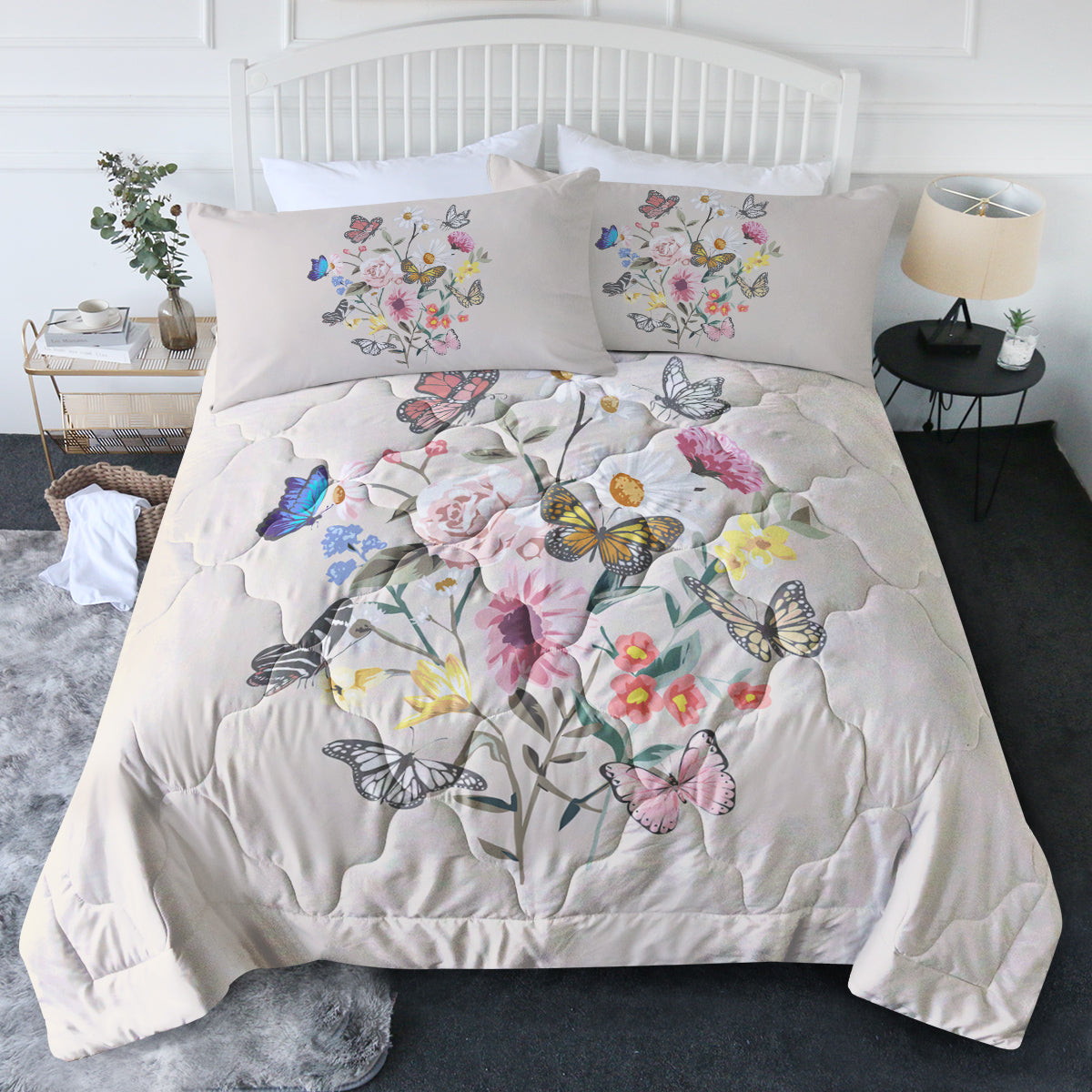 Butterfly Flower Light Pink Bedding Set Twin Comforter Set 3 Pieces Soft All Season Girls Women Bed Set