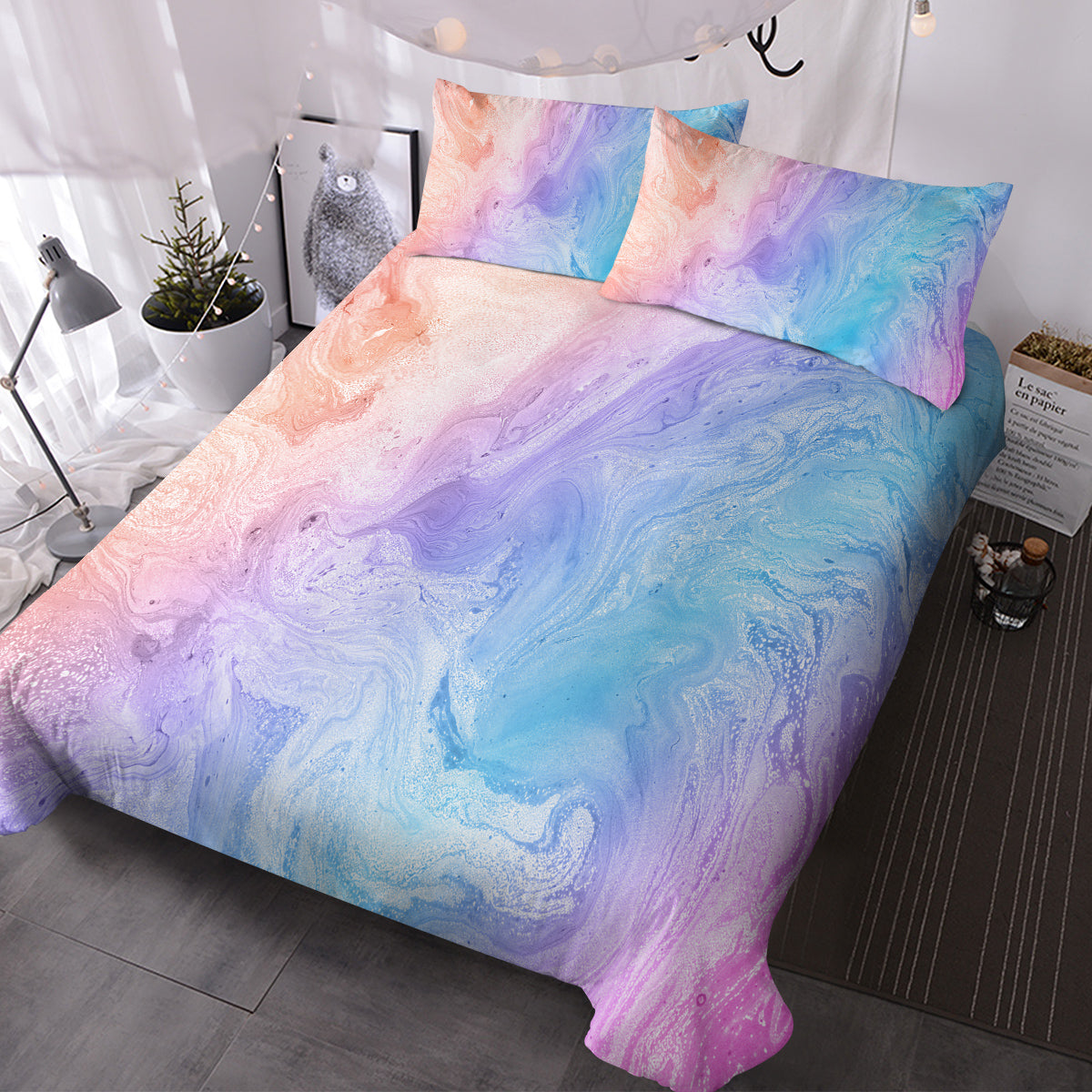 Girly Rainbow Glitter Ombre Duvet Cover Bedding Set 3 Pcs Chic Pastel Purple Blue Green Bedspread with 2 Pillow Shams
