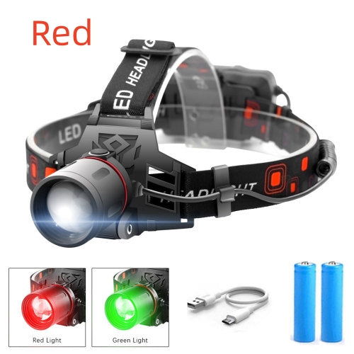 T6 Zoom Headlight White Green Red Light Multi-Mode LED Outdoor Camping Headlamp