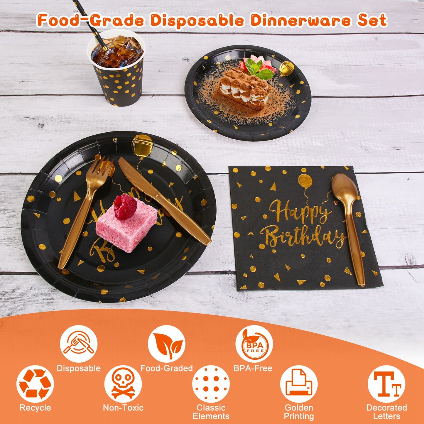 201PCS Black & Gold Birthday Party Supplies Set for 25 Guests – Disposable Plates, Cups, Napkins, Cutlery & Tablecloth