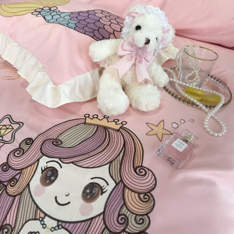 Mermaid Cotton Four Piece Bedding Set Embroidered Naked Sleep Style Soft Duvet Cover Bed Sheet Set