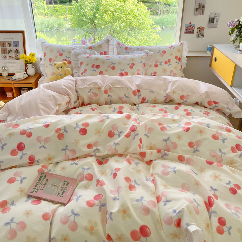 Small Floral Cotton Four Piece Bedding Set Princess Style Duvet Cover Bed Sheet Pillowcase Soft Bedroom Set