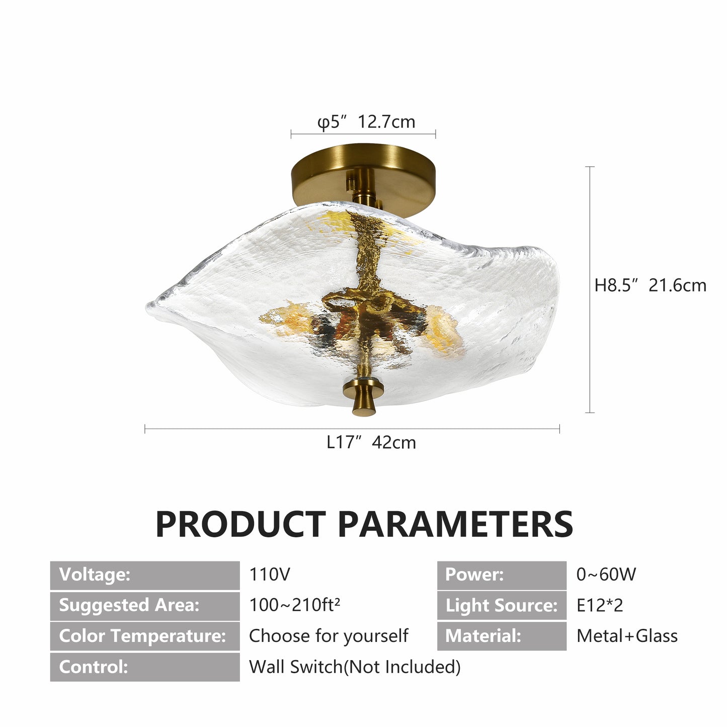 16.5 Inch Glass Semi Flush Mount Ceiling Light Fixture Modern Gold 2-Light Bedroom Bathroom Kitchen Hallway Ceiling Lamp