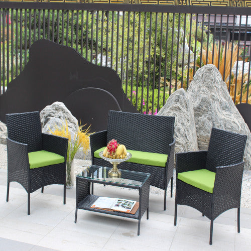 4 Piece Rattan Patio Furniture Set Outdoor Wicker Sofa with Cushioned Seats Green Cushion Garden Outdoor Seating Set
