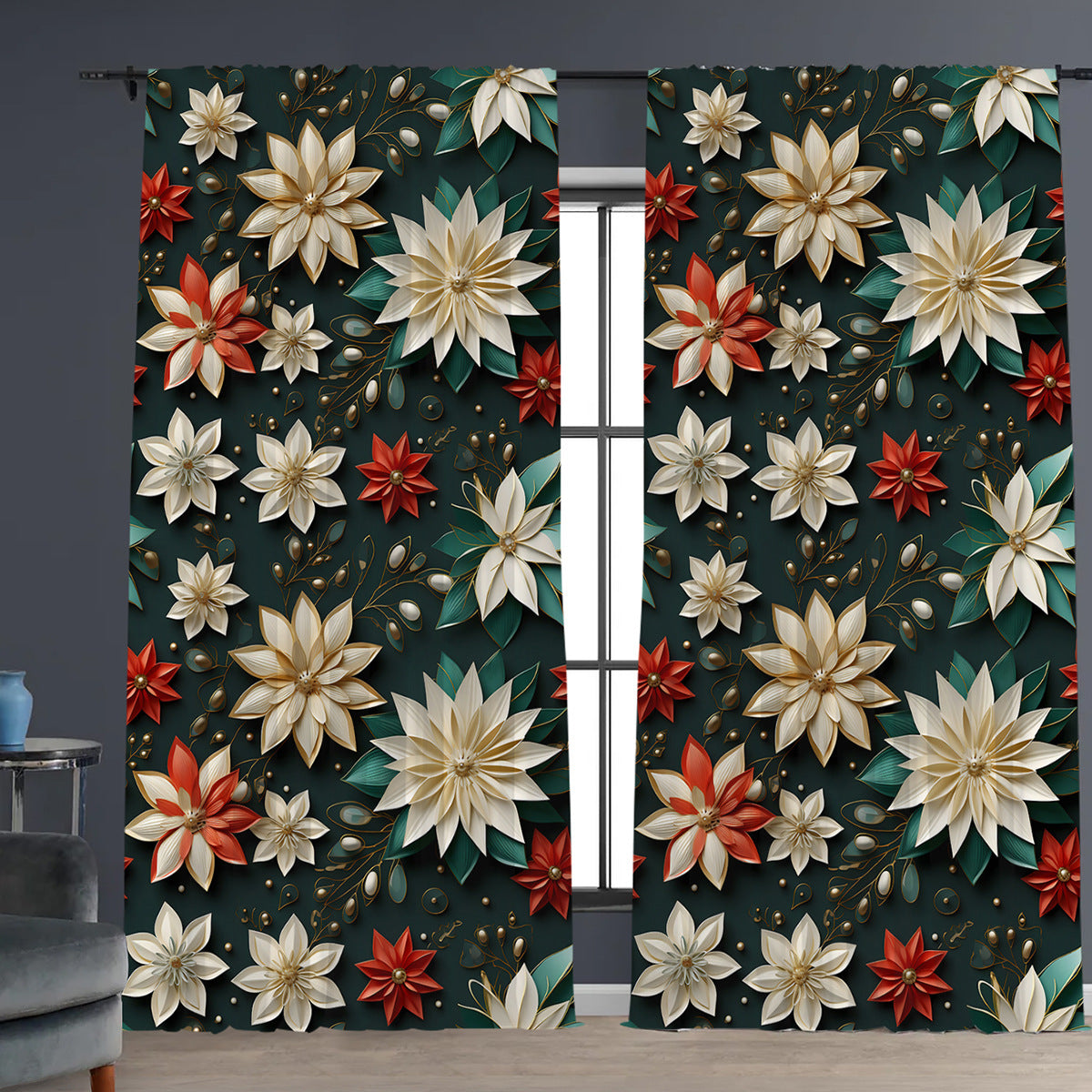 2PCs Christmas Curtains 3D Digital Printing Flower Window Drapes Festive Home Decoration