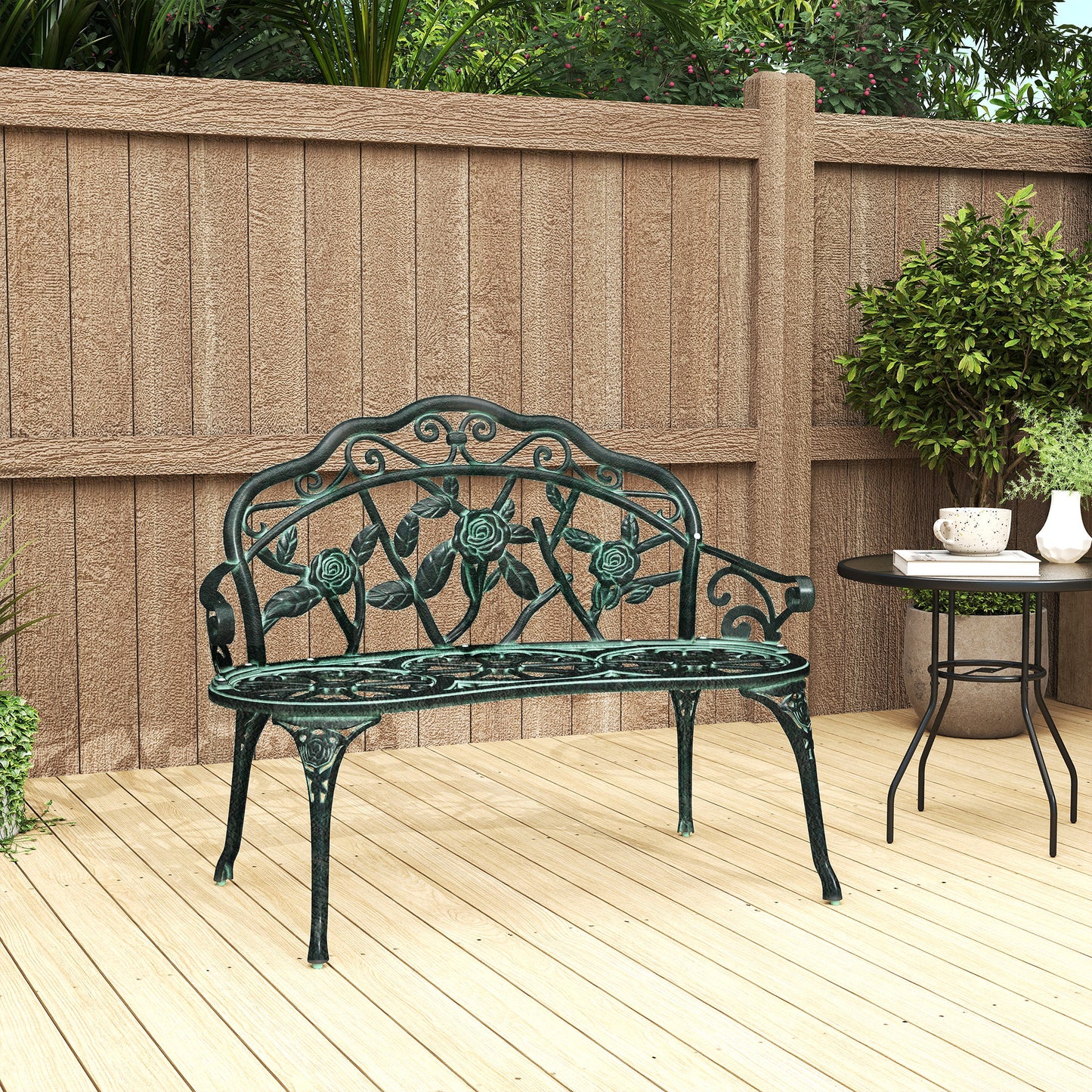 Outdoor Cast Aluminum Garden Bench Metal Floral Rose Accent Antique Finish Patio Seating Furniture Green