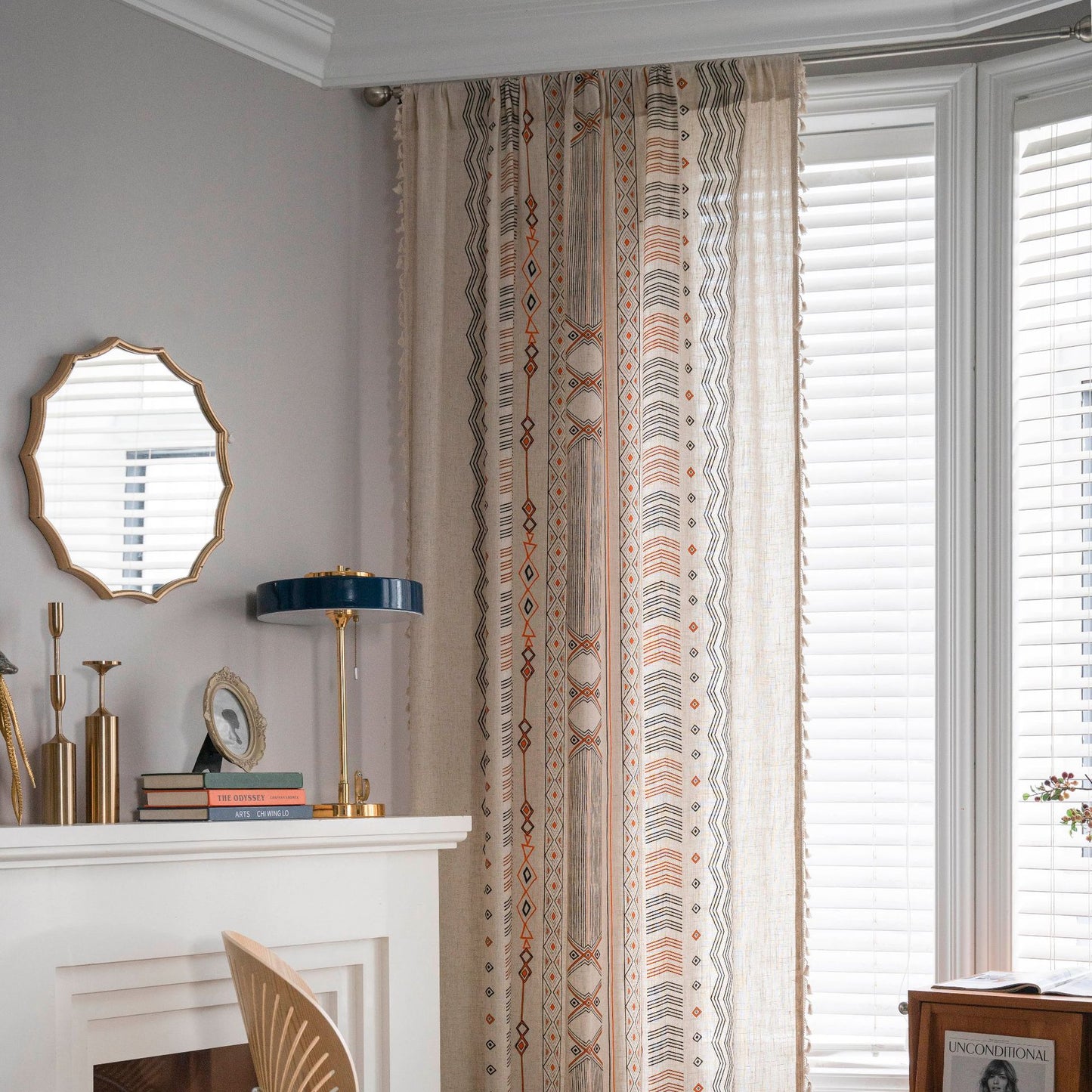 Boho Cream Cotton Linen Print Sun Shade Curtain Fabric Non Punched Window Drapes for Home Decor