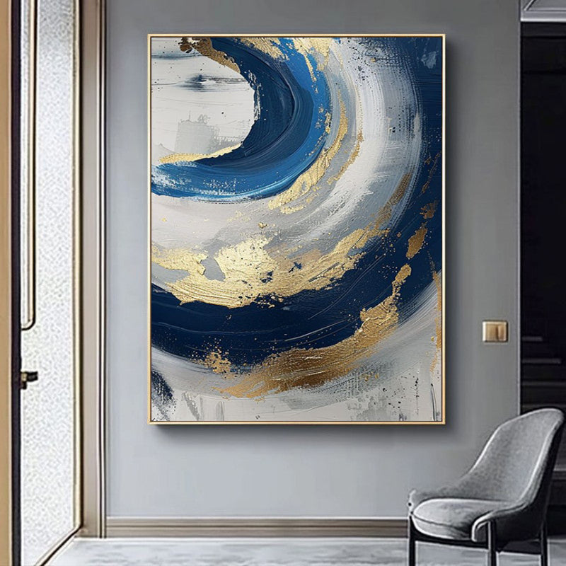 Luxury Handmade Abstract Oil Painting on Canvas Modern Golden Blue Minimalist Texture Wall Art for Living Room Decor Frameless