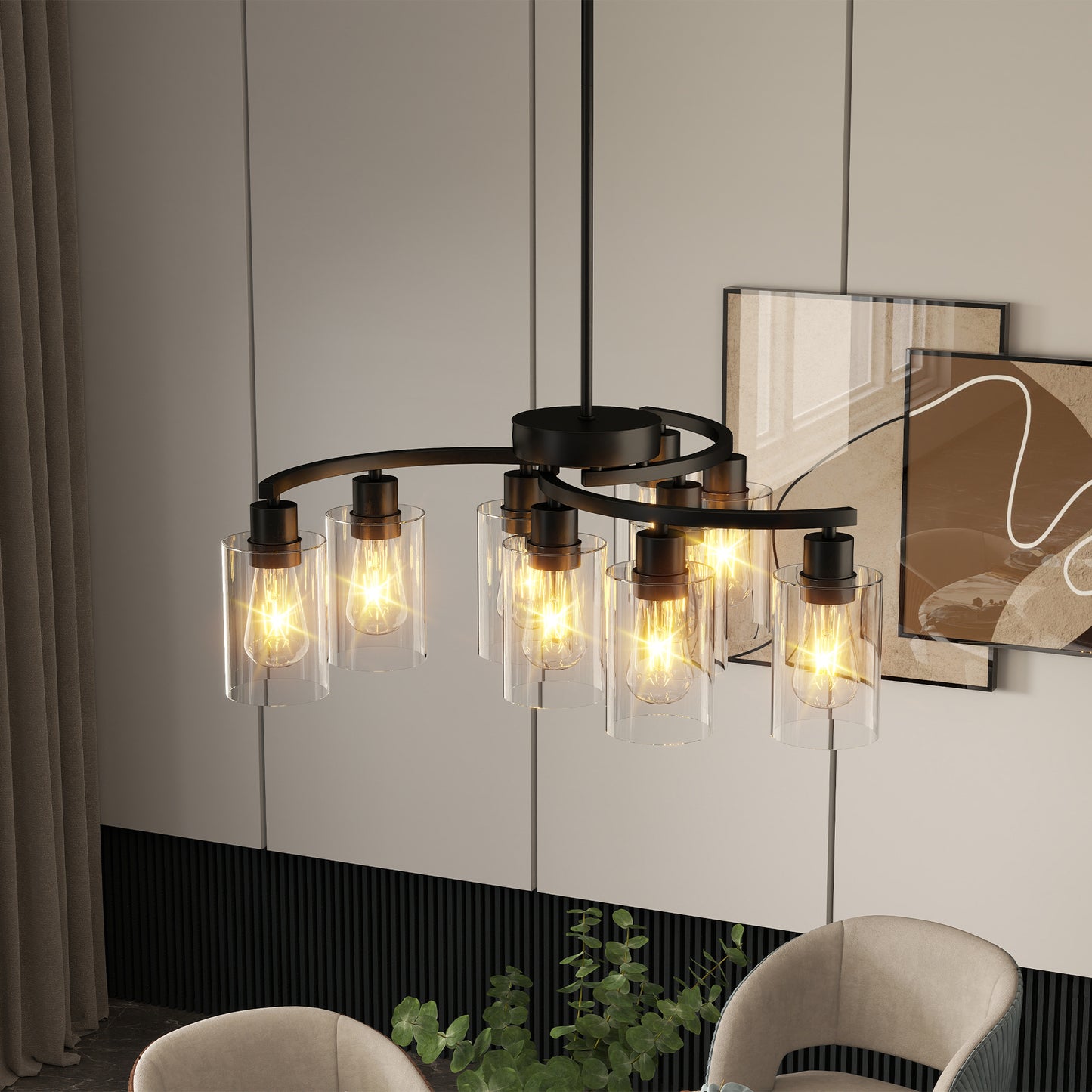 9-Light Modern Black Chandelier – Adjustable Industrial Farmhouse Ceiling Light with Clear Glass Shades for Dining Room & Kitchen Island