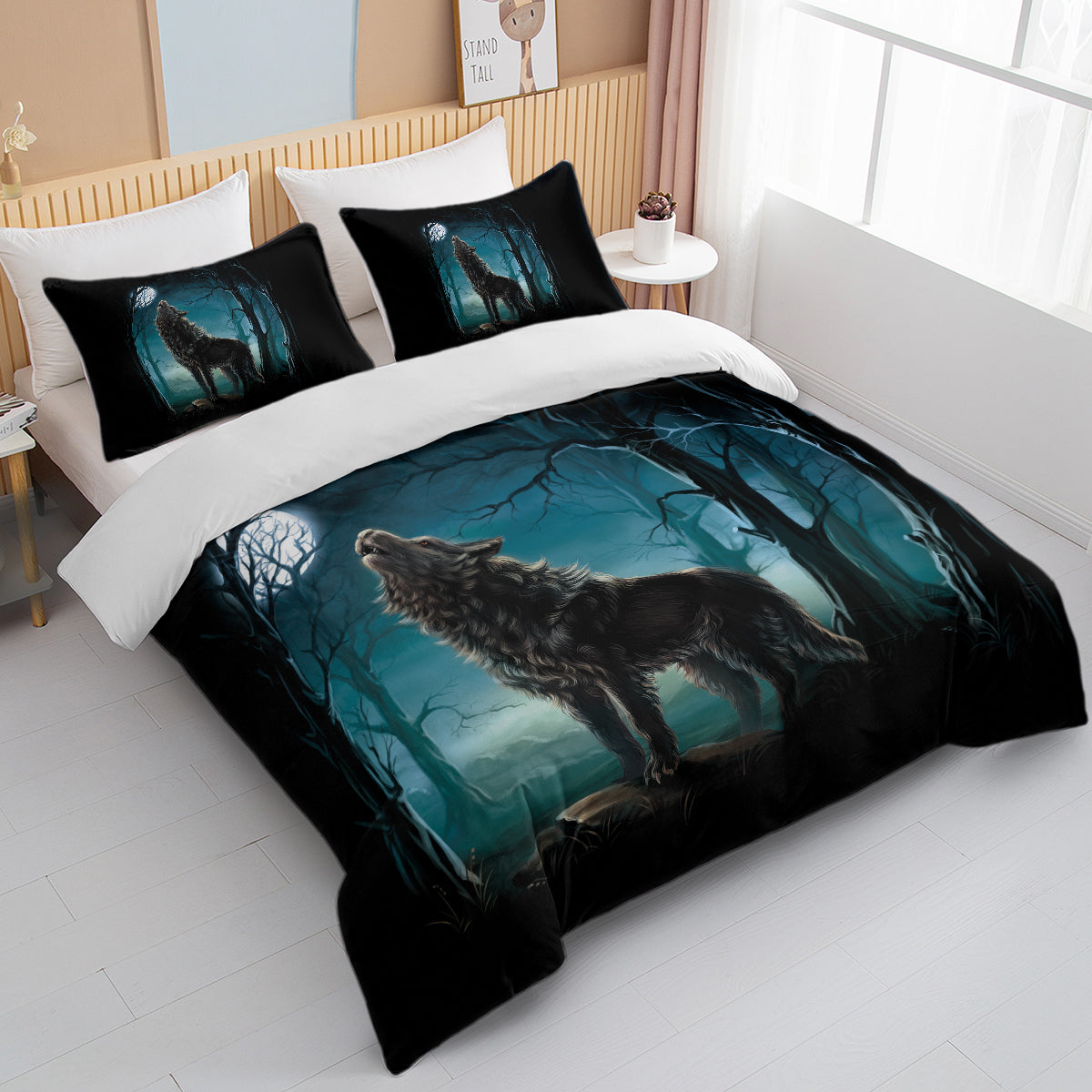 Moon Wolf Bedding Set Green Watercolor Forest Duvet Cover 3 Piece Wild Animal Bed Set Twin Full Queen King