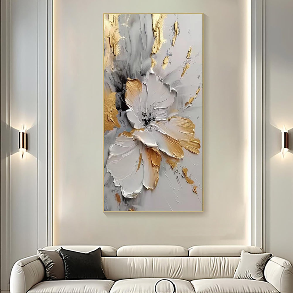 Handmade Abstract Golden White Floral Oil Painting Canvas Wall Art Frameless Unstretched Living Room Decor