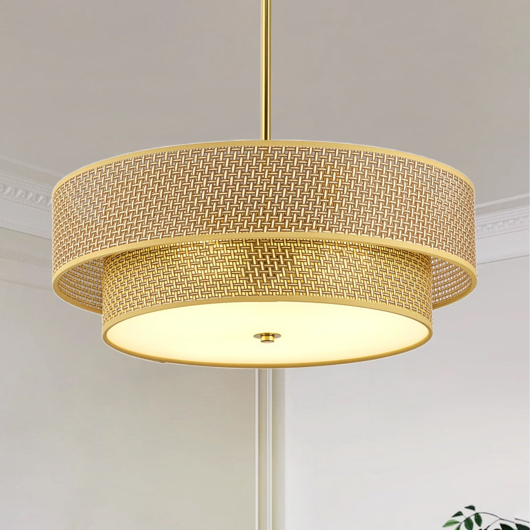 17.7 Inch Woven Rattan Linen Semi Flush Ceiling Light Fixture Farmhouse Pendant Lamp for Bedroom Kitchen Dining Living Room Corridor
