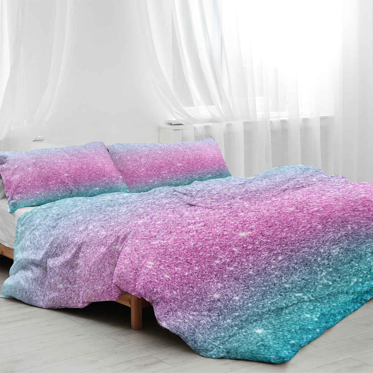 3-Piece Colorful Glitter Bedding Set Girls Soft Microfiber 3D Gradient Ombre Rainbow Duvet Cover All-Season Bed Set