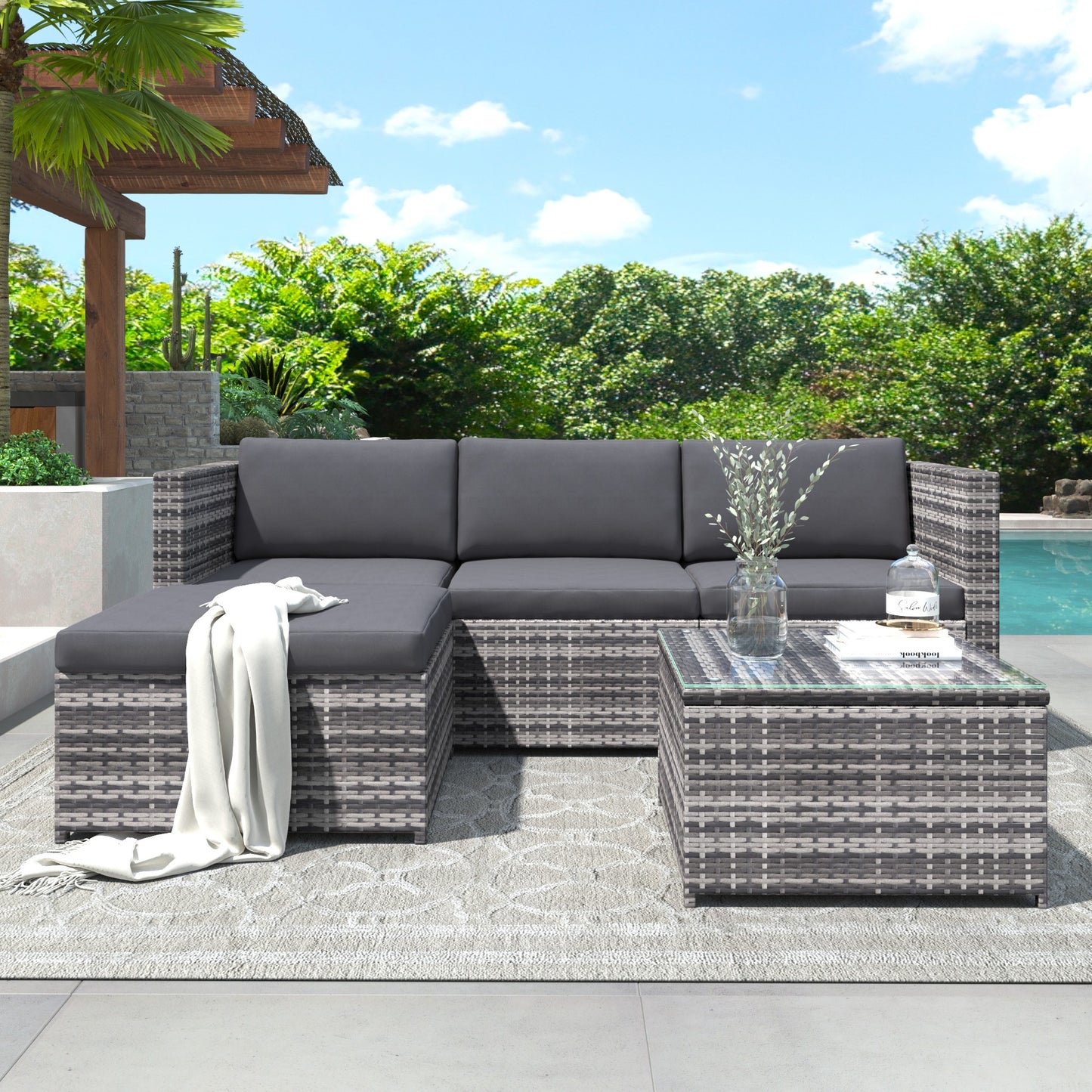 Grey Rattan Garden Corner Sofa Set Patio Furniture Lounge Set Outdoor Entertaining Seating