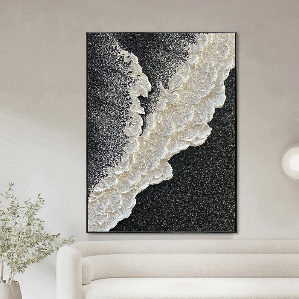 3D Texture Sea Wave Abstract Landscape Oil Painting Black White Canvas Wall Art Living Room Decor