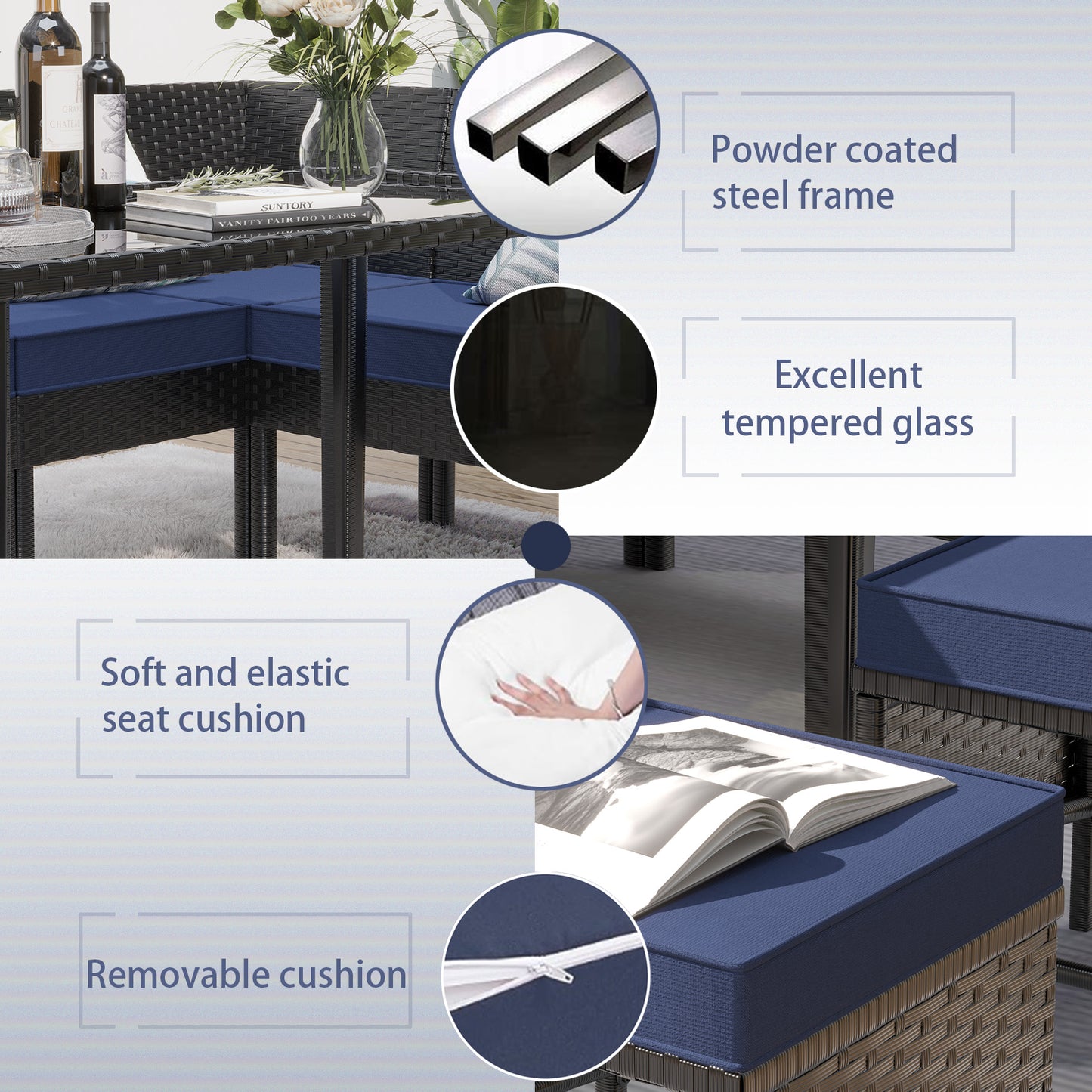 7-Piece Small Space Patio Furniture Set Outdoor Backyard Seating with Waterproof Cushions & Glass Table Dark Blue