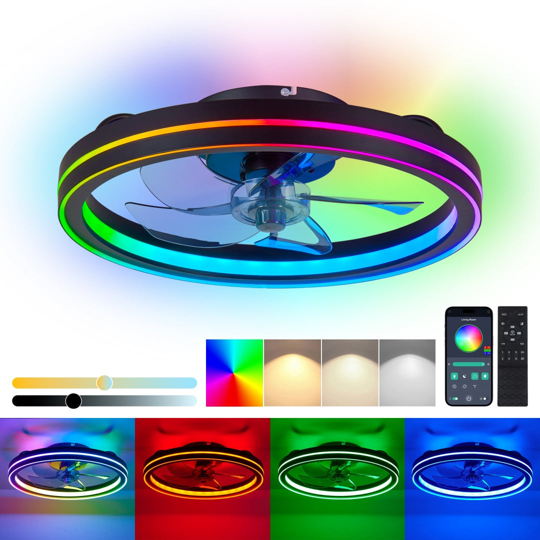 RGB LED Ceiling Fan Light Low Profile Bladeless Fandelier 19IN Flush Mount Smart App Remote Control Bedroom Ceiling Fan