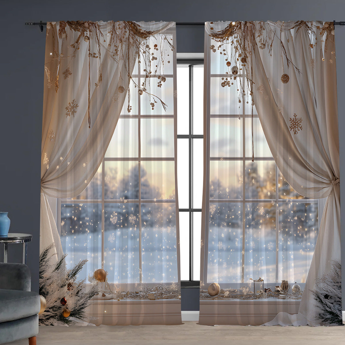 2PCs Christmas Curtains 3D Digital Printing Flower Window Drapes Festive Home Decoration