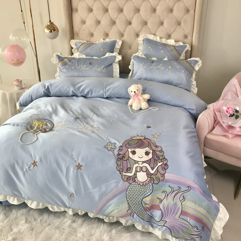 Mermaid Cotton Four Piece Bedding Set Embroidered Naked Sleep Style Soft Duvet Cover Bed Sheet Set