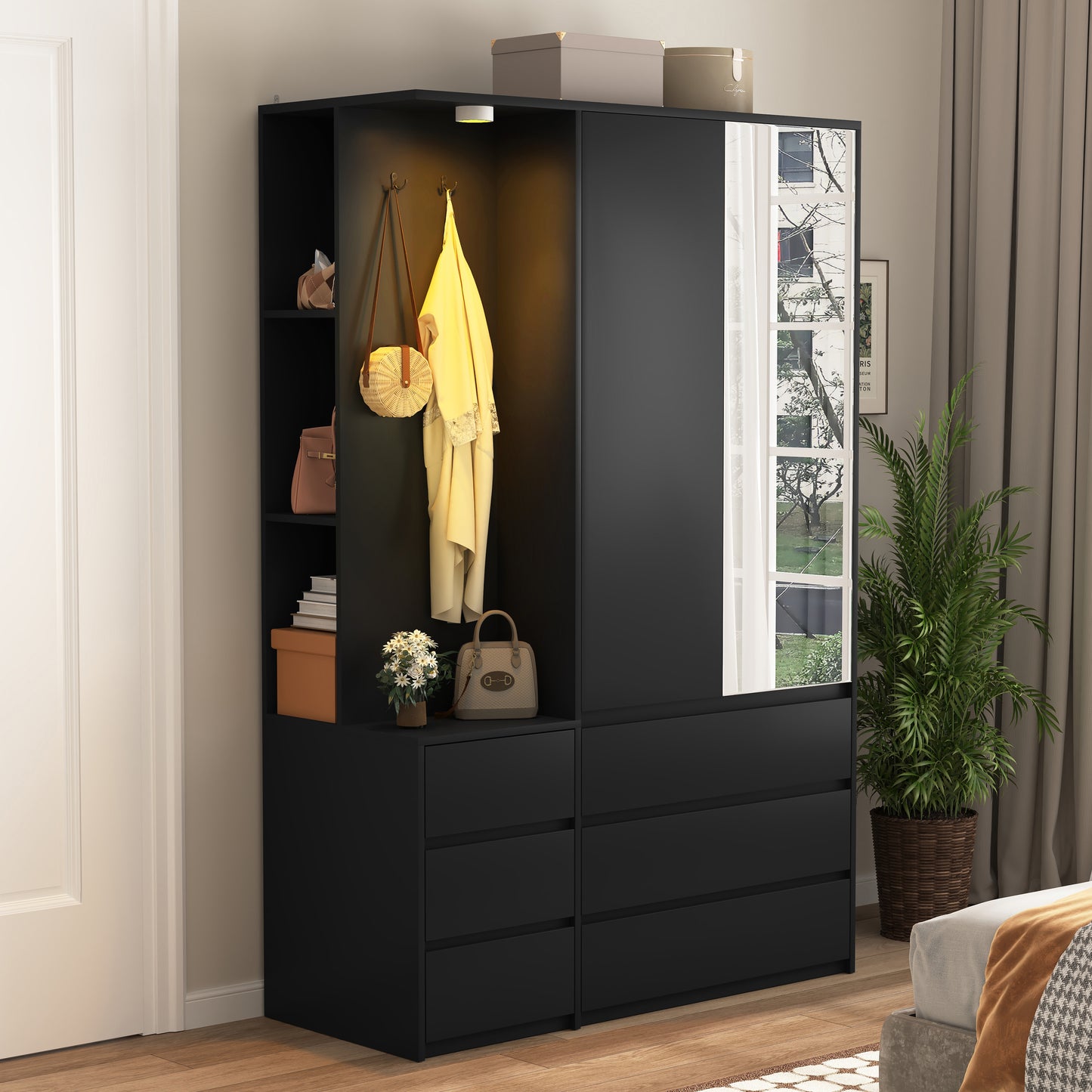 Modern Black Wooden Wardrobe Closet 71.7” Bedroom Storage Cabinet 2 Doors 6 Drawers With Shelves & Hanging Rail