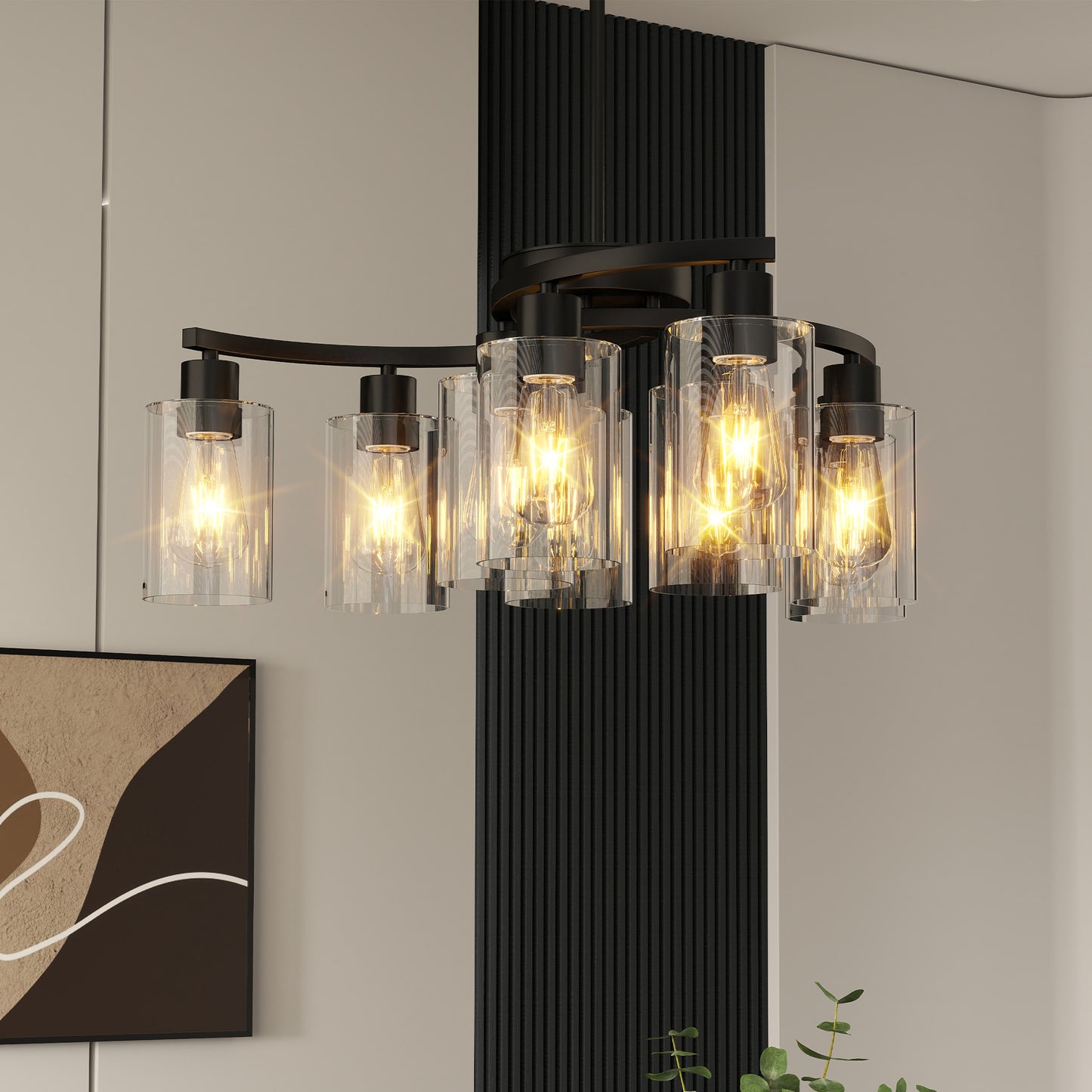 9-Light Modern Black Chandelier – Adjustable Industrial Farmhouse Ceiling Light with Clear Glass Shades for Dining Room & Kitchen Island