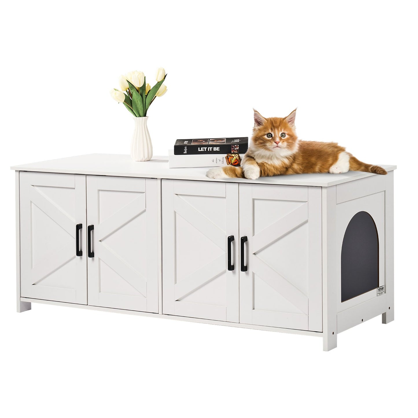 Wooden Cat Litter Box Enclosure Furniture Hidden 2-Room Cat House Cabinet White Pet Storage Cabinet
