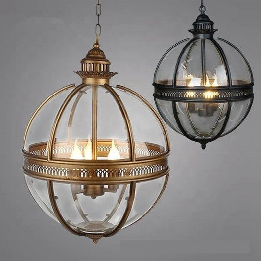 Retro Industrial Glass Ball Chandelier – Round Ceiling Light for Hotel, Hall, Bedroom & Dining Room