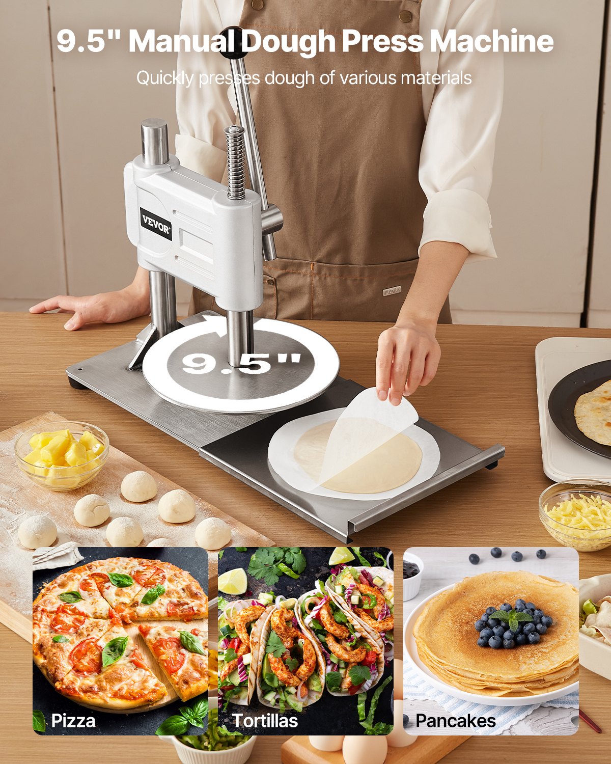 9.5 Inch Manual Pizza Dough Press Machine Stainless Steel Dough Sheeter for Pizza and Pastry Making