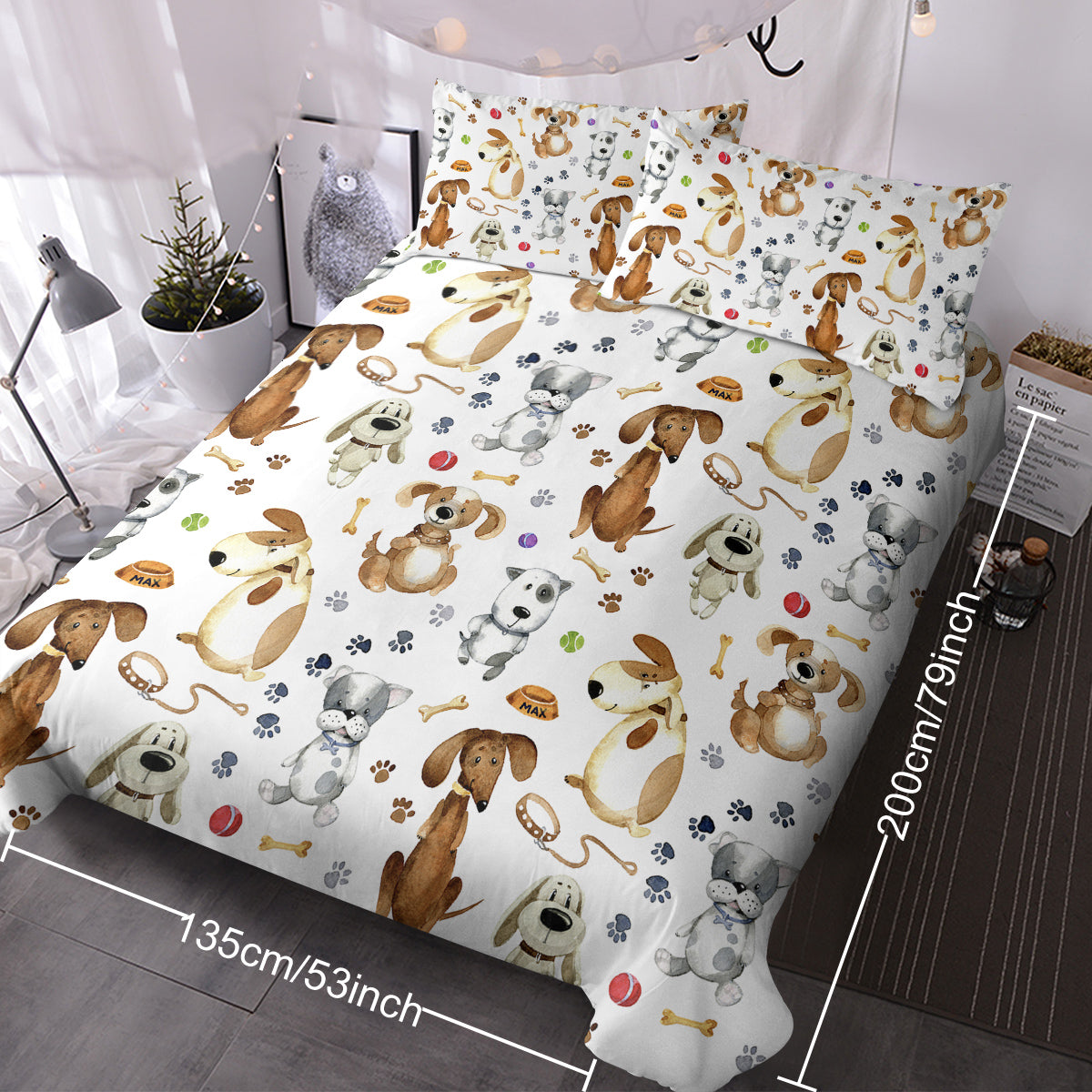 Kids Duvet Cover Set Cartoon Dogs Paws Pattern 3-Piece Bedding Set Cute Puppy Animal Bed Set