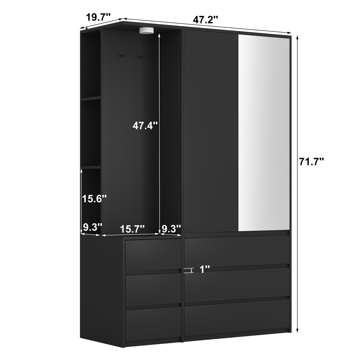 Modern Black Wooden Wardrobe Closet 71.7” Bedroom Storage Cabinet 2 Doors 6 Drawers With Shelves & Hanging Rail