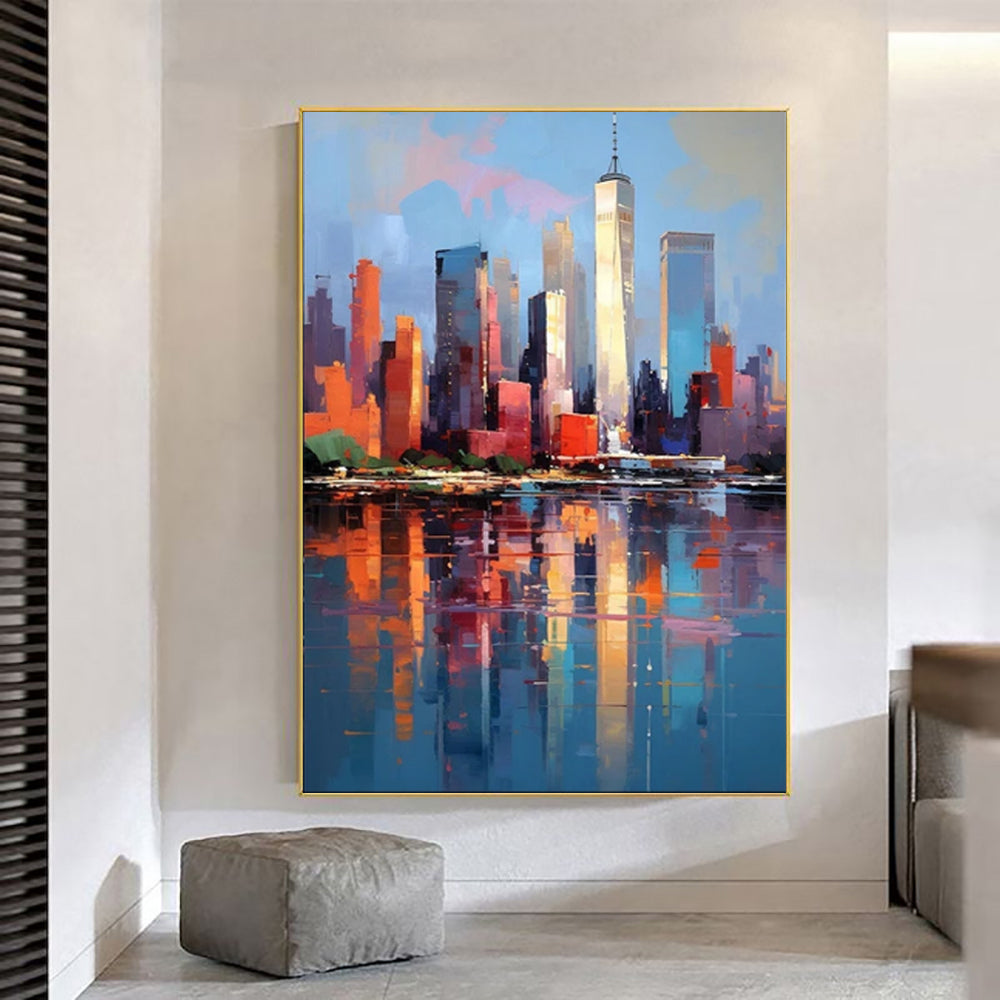 Handmade Abstract New York City Urban Architecture Oil Painting on Canvas Wall Art for Living Room Home Decor Frameless Unstretched