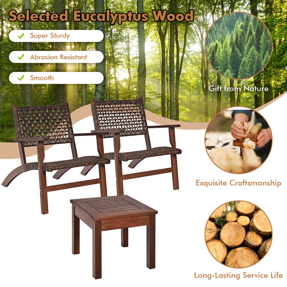 3 Pieces Outdoor Wooden & Rattan Patio Furniture Set Garden Sofa Chair Table Balcony Seating Set