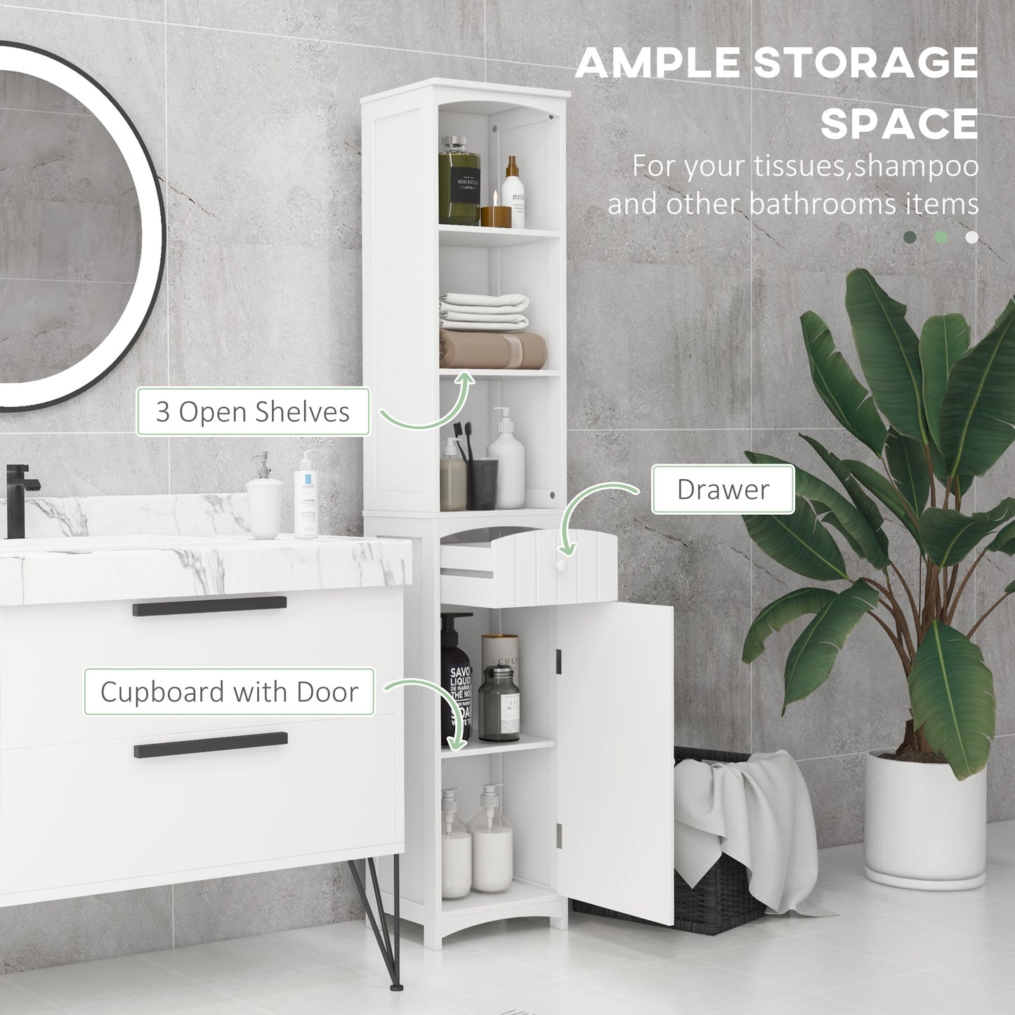 Free Standing Bathroom Storage Cabinet – Tall Linen Tower with 3-Tier Shelves & Drawer (White)