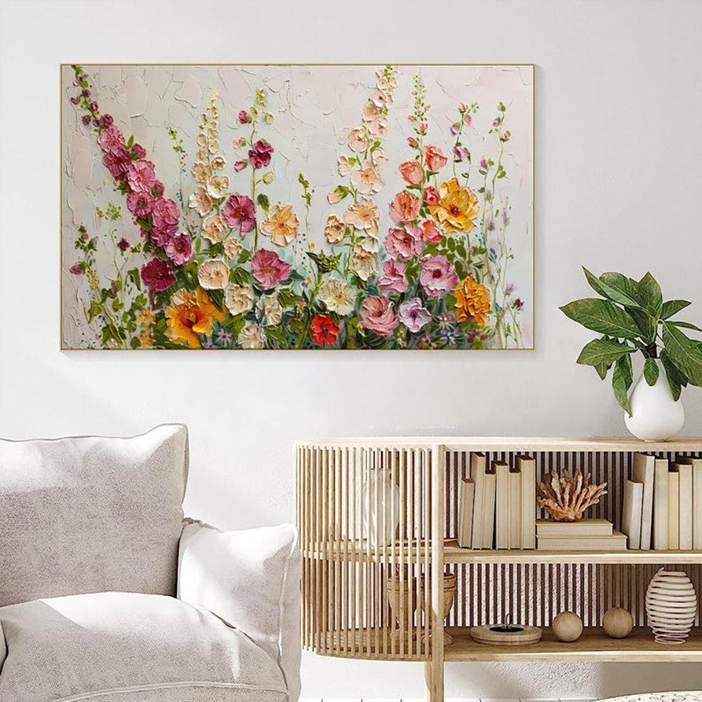 Abstract Floral Oil Painting Green Grass Flowers Field Thick Texture Handmade Canvas Wall Art Home Decor