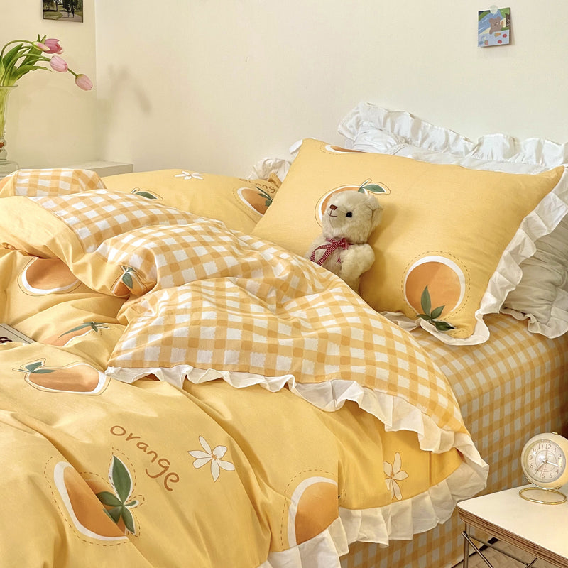 Small Floral Cotton Four Piece Bedding Set Princess Style Duvet Cover Bed Sheet Pillowcase Soft Bedroom Set