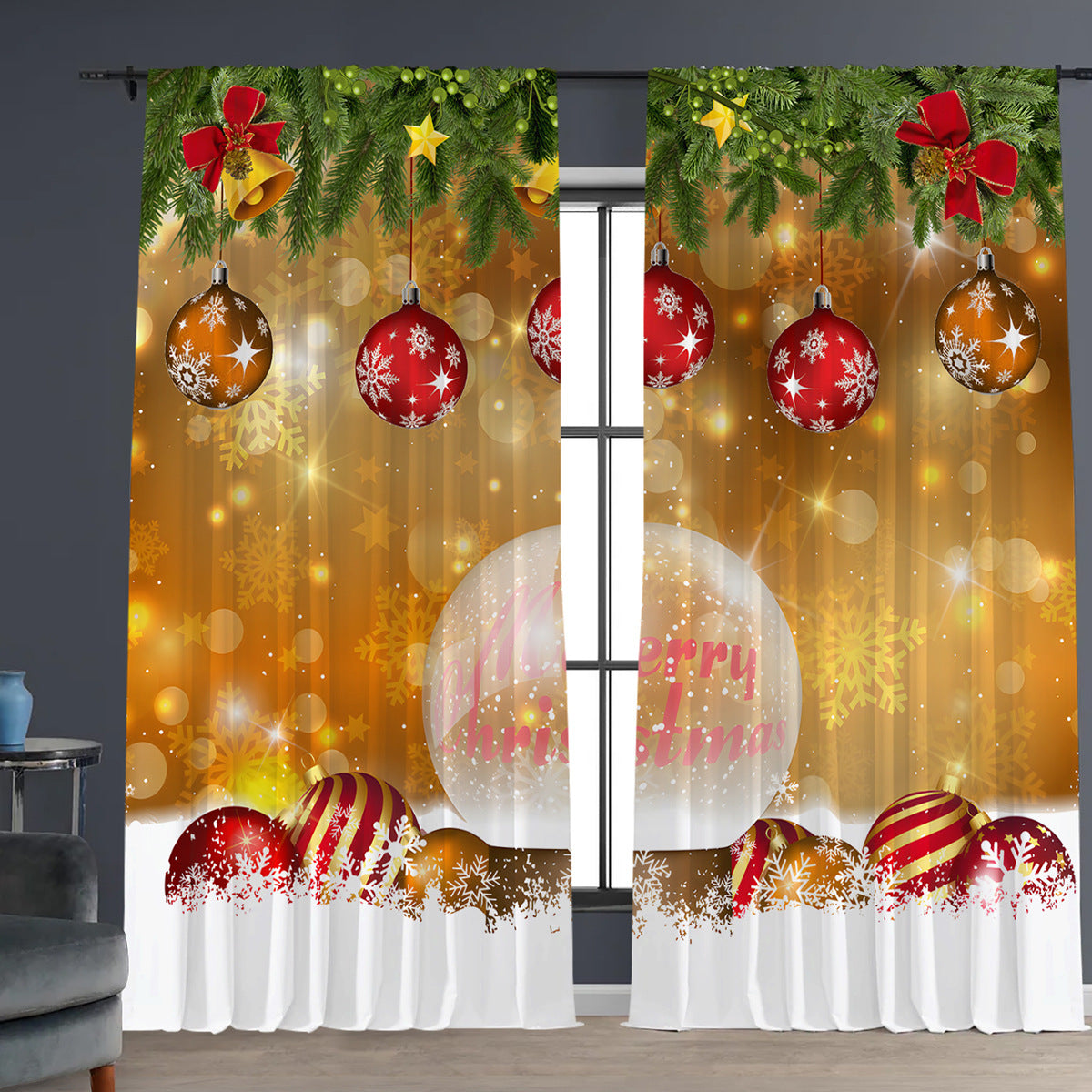 2PCs Christmas Curtains 3D Digital Printing Flower Window Drapes Festive Home Decoration