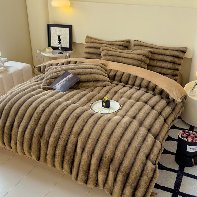 Milk Fiber Thick Rabbit Fur 4-Piece Bedding Set Autumn Winter Warm Fluffy Soft Breathable Bed Set